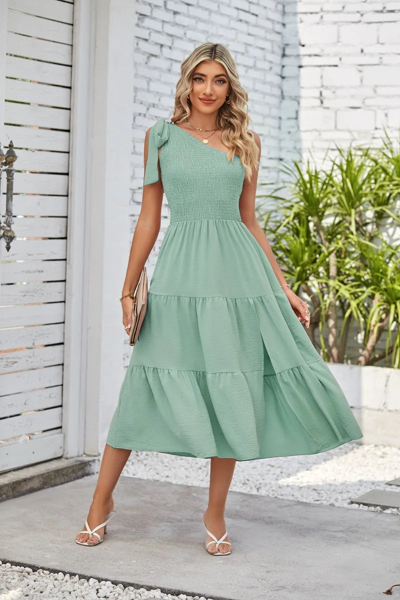 Women Tie Shoulder Dress Summer Sleeveless Side Split Sexy Tiered Ruffle Dress.  S-XL