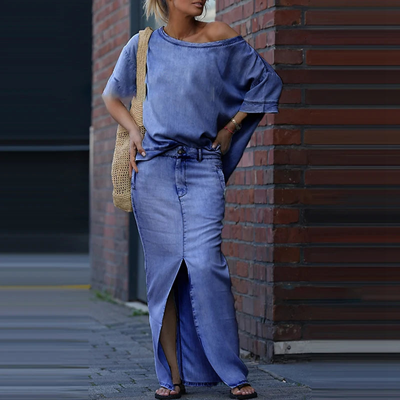 New Women's Two Piece Set Skew Collar Hollow Out Top Pullover & Split Skirt Outfit Simple Solid Outfit.