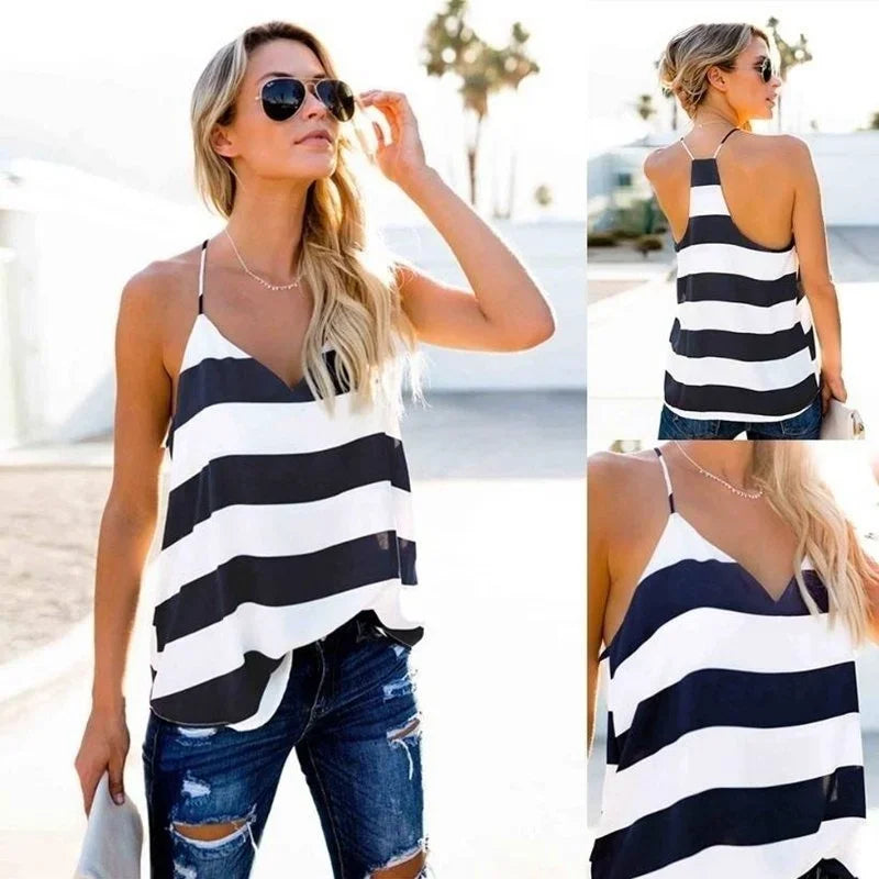 S-XXL Women's Basic Stripe Adjustable Spaghetti Strap V Neck Tank Top