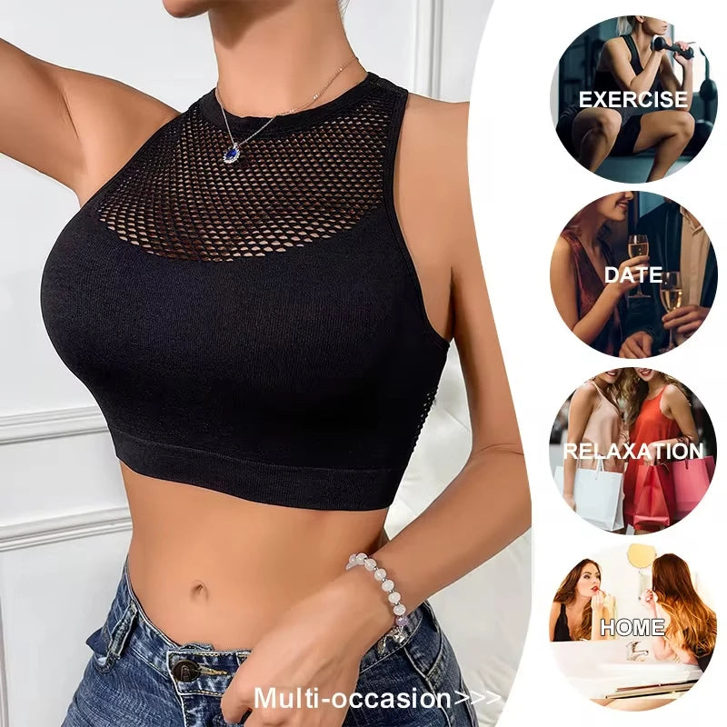 Women Sexy Tank Top Fishnet Hollow Out Sports Off Shoulder Crop Top Stretch Comfortable Casual Tank