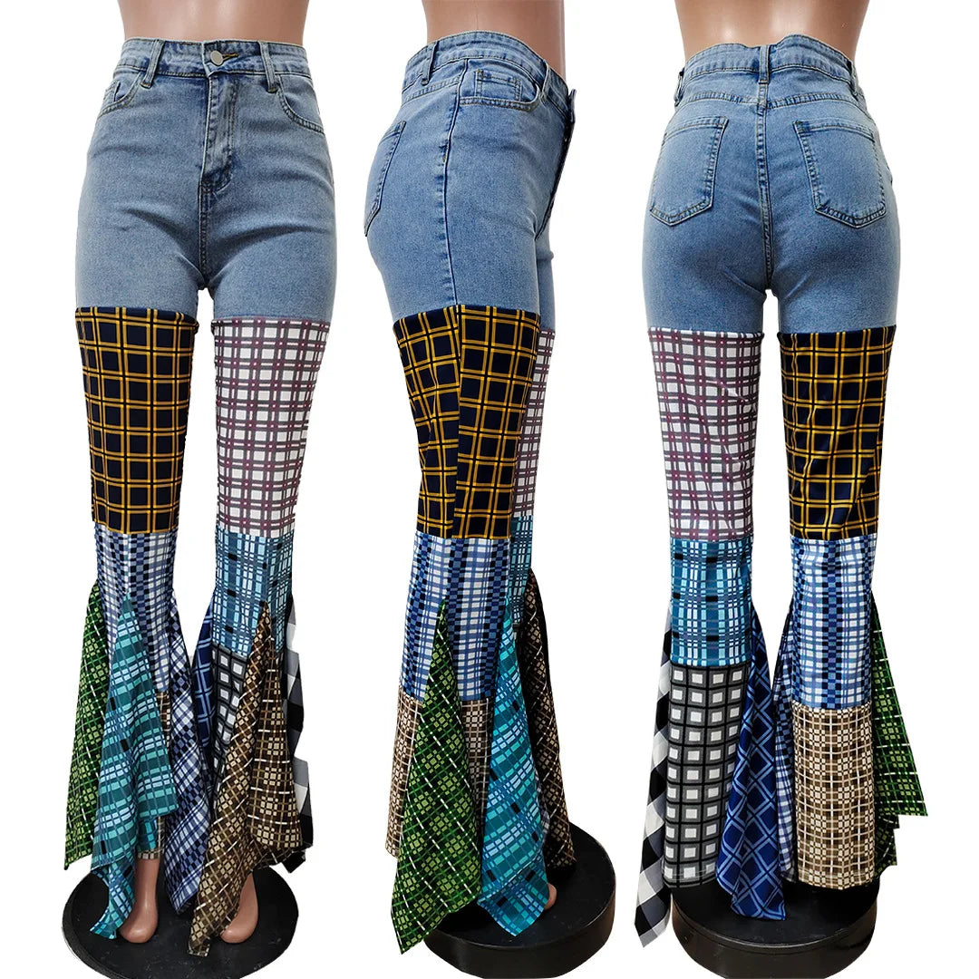 Women Jeans 2025 Fashion Spliced Hounds tooth Denim Ruffle Edge Flared High Waist Jeans.