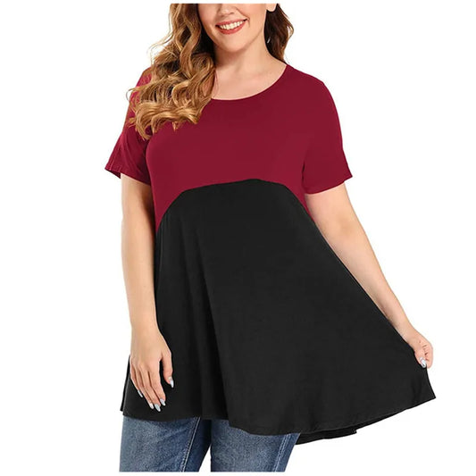 Women Shirt Plus Size Loose Short Sleeve Casual Ladies Contrast Colour Shirt.