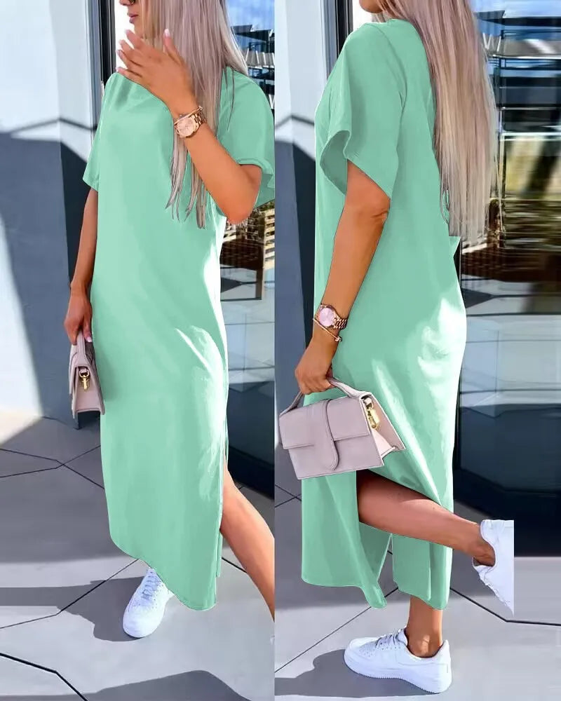 Simple O Neck Short Sleeve Solid Dress For Women Summer Casual Loose Split Long Dress.   S-2xL
