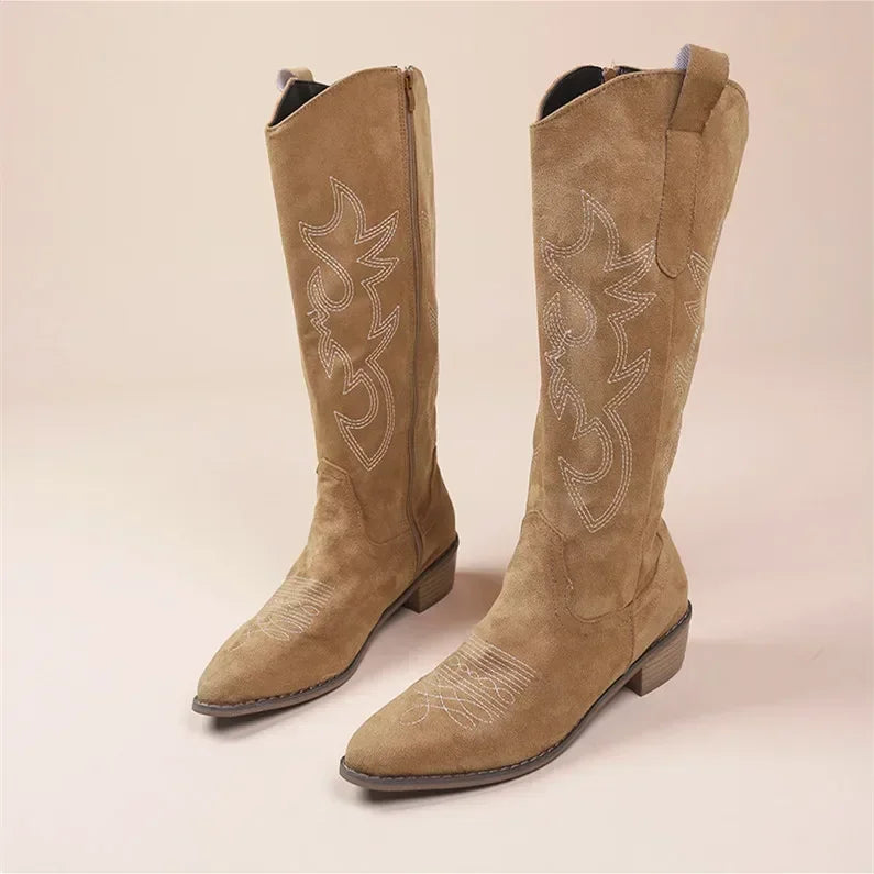 Embroidered Western Cowboy Boots for Women Pointed Toe Thick Heel High Knee Boots.   Botas Mujer