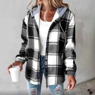 Women's Plaid Style Women's Jacket Hooded Plaid Casual Loose light Jacket.  S-3x