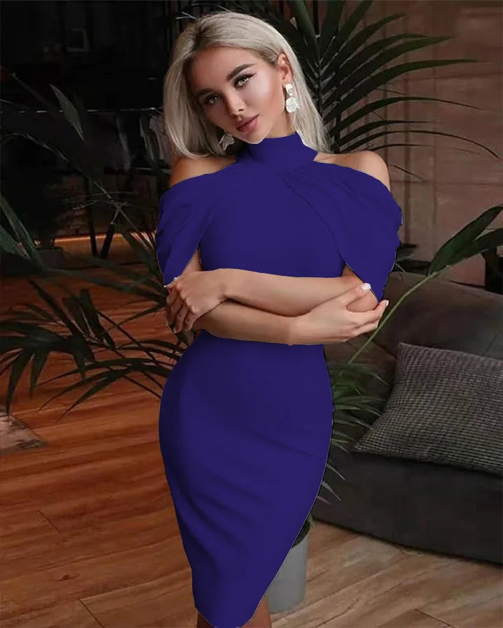 New Solid Colour Slim Midi Halter Neck Off Shoulder Elegant Party Dress.  S-3X
