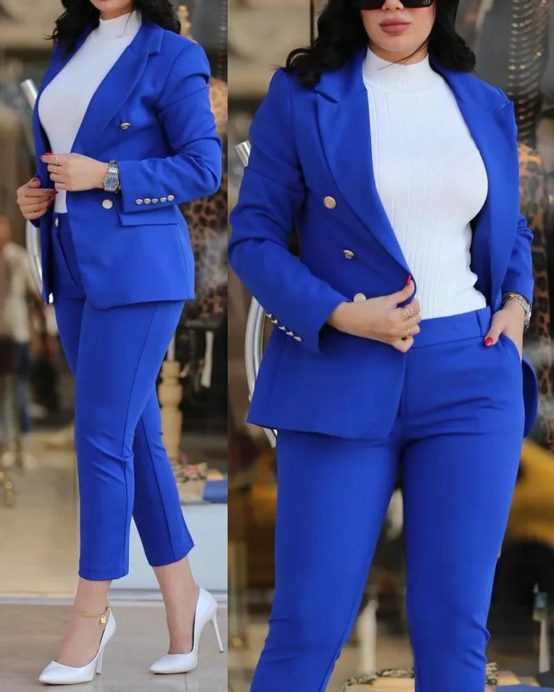 2pcs Women Clothing Set Long Sleeve Blazer Jacket & High Waist Pencil Pants Solid Colour