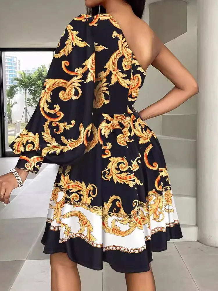 New Boho Print Women's Dress Spring Fashion Sexy Off Shoulder Elegant Dress.