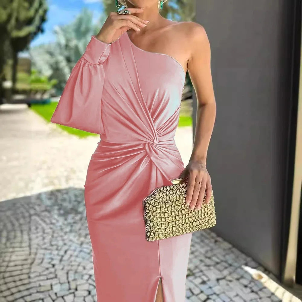 Women's Sexy Party Spring Summer New Skew Collar Fashion Maxi Dress One Shoulder Ladies Dress.  S-3X