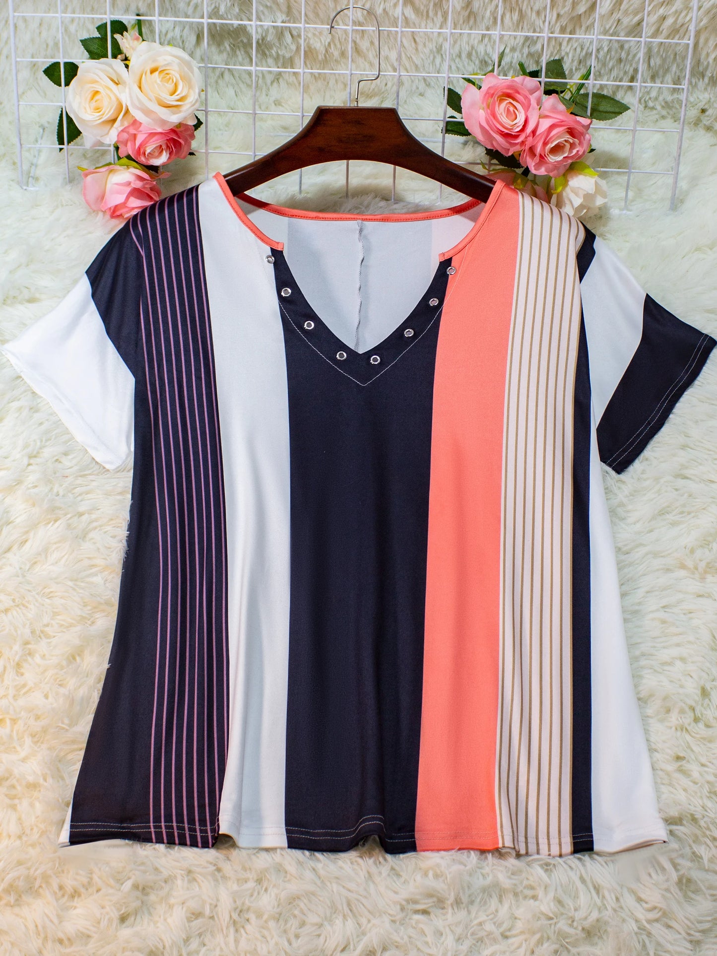 Women's Plus Size V-Neck Striped Shirt Spring Summer Casual Elegant Blouse Top, European Style Fashion