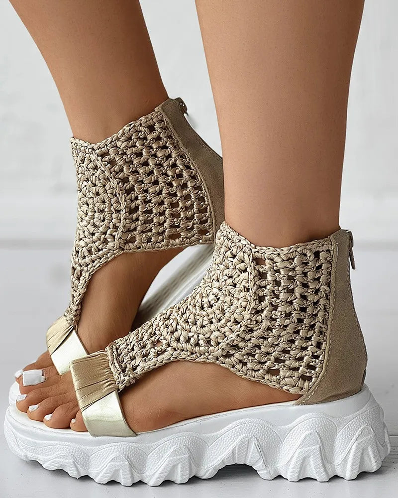 Women Braided Geometric Wedge Sandals Knitted Elastic Summer Mesh Flat Sandals
