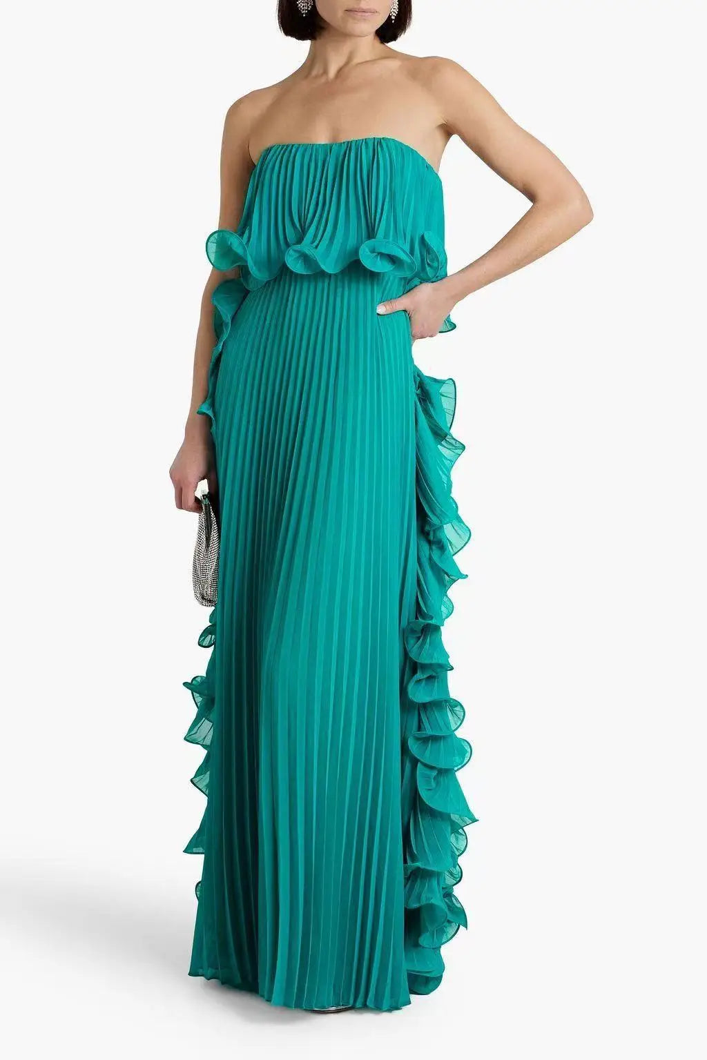 Trendy Women Summer Holiday Dress Pleated Chiffon Long Formal Dress ruffled Strapless Party Dress.  S-2X