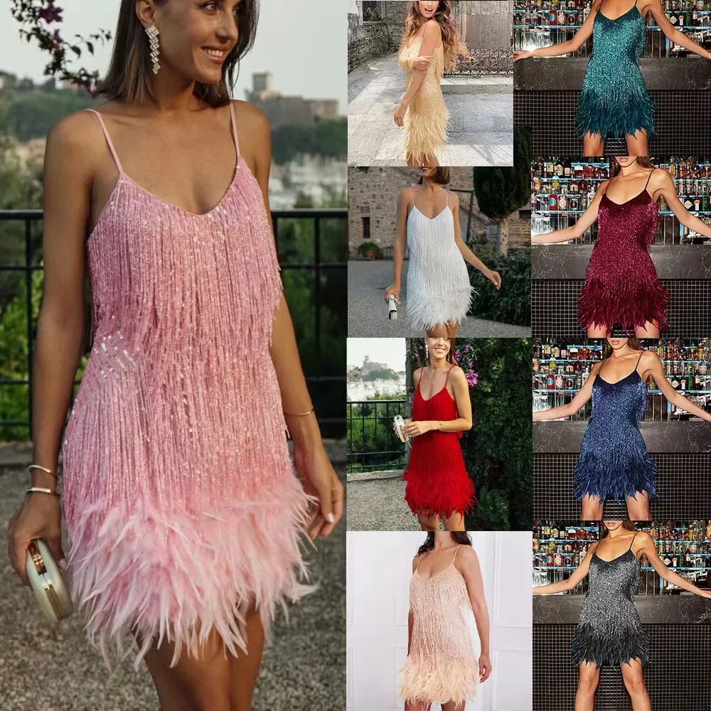 Summer New Fashionable Sequins Feather Dress.  S-3x