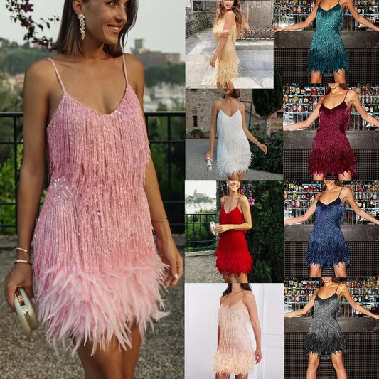 Summer New Fashionable Sequins Feather Dress.  S-3x