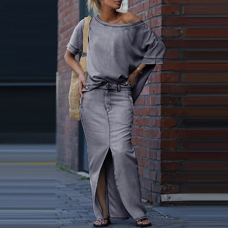 New Women's Two Piece Set Skew Collar Hollow Out Top Pullover & Split Skirt Outfit Simple Solid Outfit.