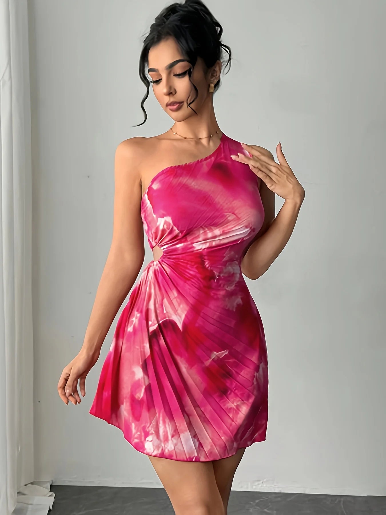 Summer Elegant Cut-out Waist Dress Slanted Shoulder Collar Pressed Pleated Women's dress.  S-xxL