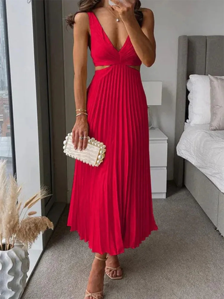 Elegant Long Summer V-neck Sleeveless Hollow Out Backless Sexy Dress .  S-xxL