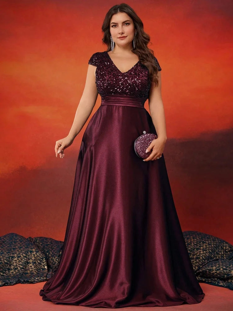 Plus Size Elegant V-Neck Sequin Evening Dress Long Luxury Satin Short Sleeves Party, Prom, Cocktail Dress