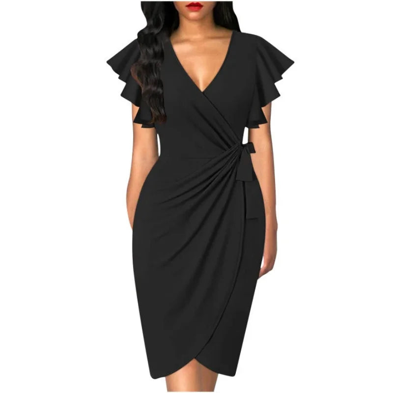 Sexy Summer Cocktail V Neck Ruffle Sleeve Ruched Formal Wedding Dress.  S-2X