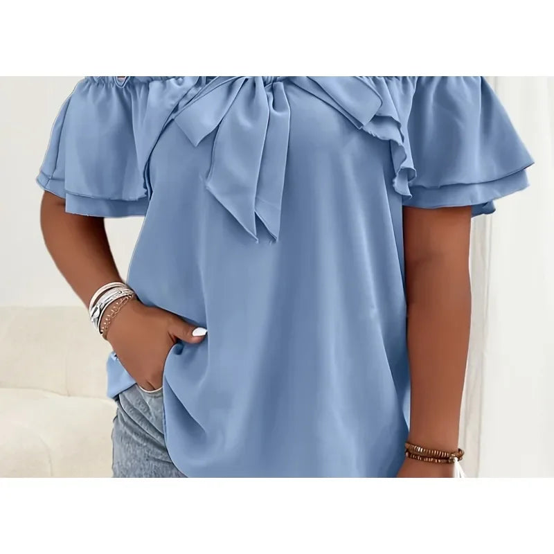 Summer New Plus Size Women's Fashionable Solid Colour Off Shoulder Bow Top