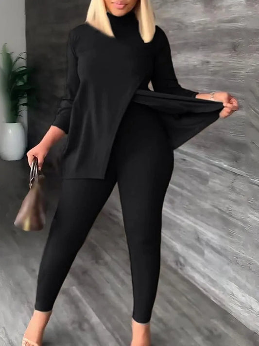Plus Size Turtleneck Split Pants Set Solid Colour Loose Casual Slim Pants Two Piece Set