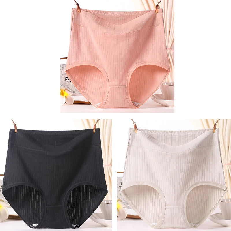 3pcs Ladies Plus Size High Quality Cotton Panties High Waist Breathable Briefs Solid Colour.