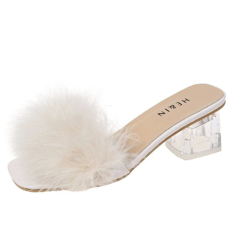 Fashion Women's Summer New Open Toe Plush Faux Fur Chunky Heel  Square Toe Sandal