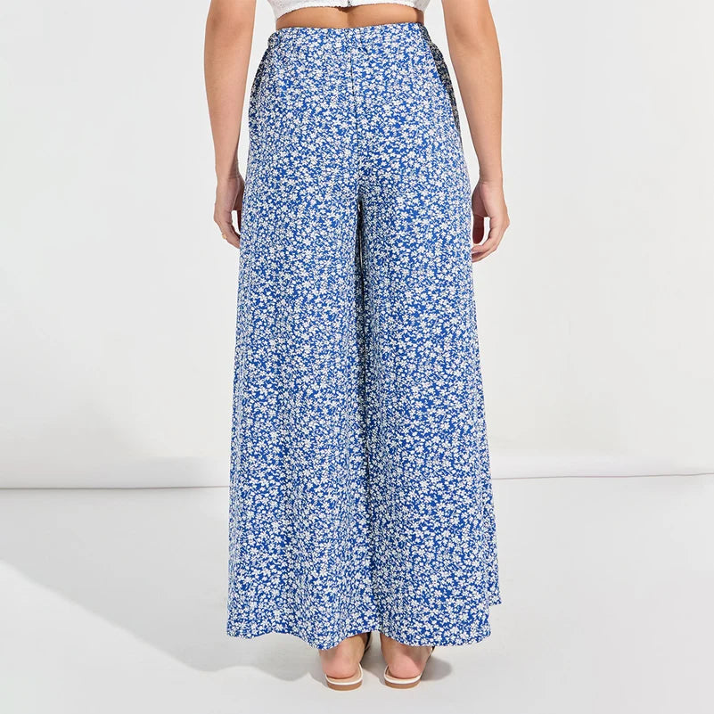 Plus Size Women's Floral Print Trousers Elastic Waist Loose Wide Leg.