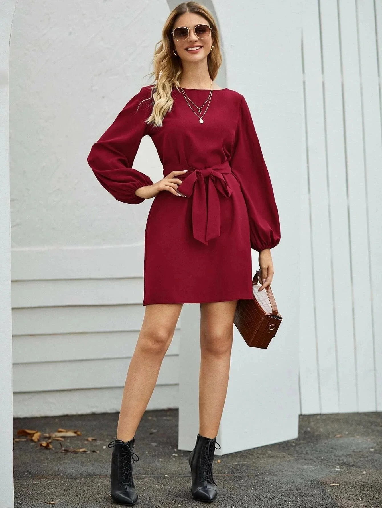 Hot Sale Of The Season New Women's High Waist Midi Dress Pure Color Slimming Commute Friendly Overhead Design Long Sleeve round