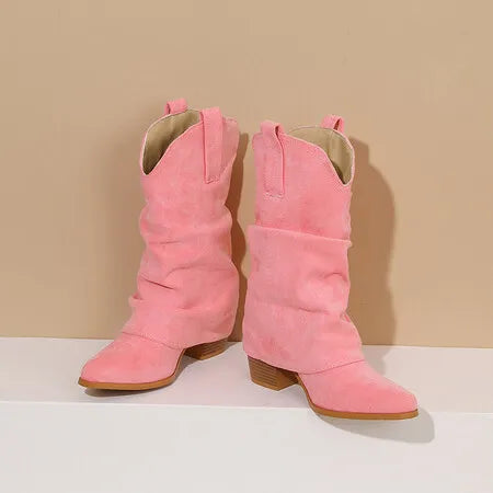 Suede 7cm Square Heel Pointed Pleated Mid Length Cowboy Boot Skirt Calf Boots 35-43