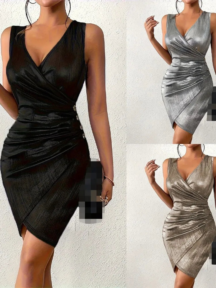 Summer Women's New Sexy Hip Hugging Fashion V-neck Casual Color Blocked Button Solid Colour Pleated Tight Dress.  Vestidos  S-2X