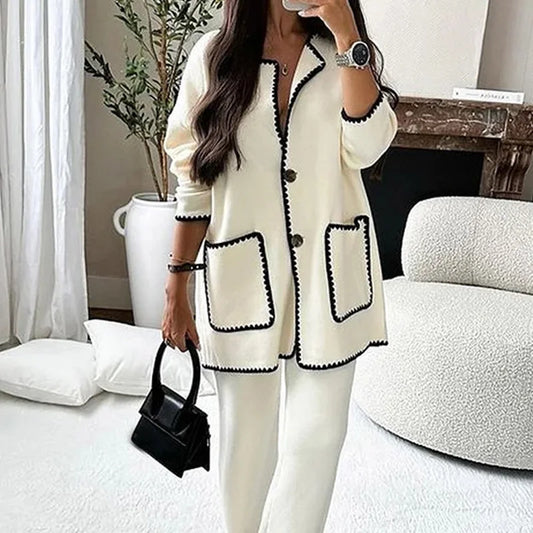 Women Two-piece Set Fashionable Double Pocket Button Top Casual Straight Pants New Female Suit.  S-3X