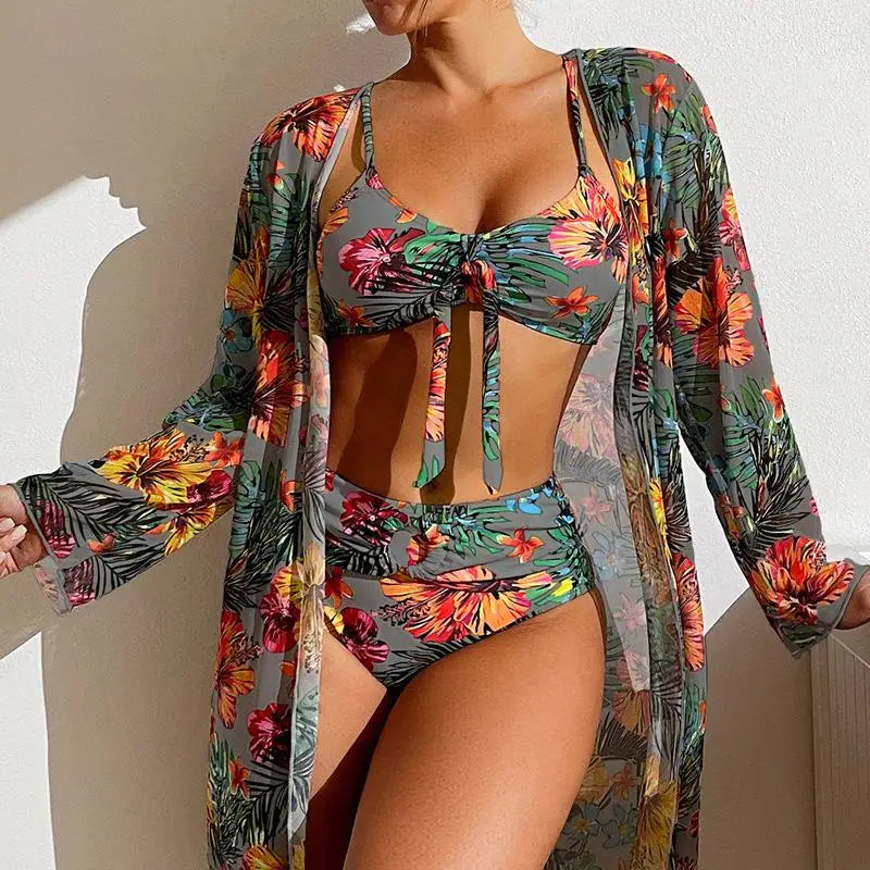 Three Piece Floral Printed Women's Bikini Set Wireless Bra with Pads Swimwear