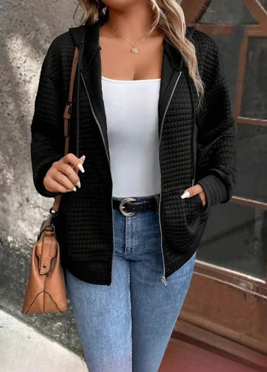 European plus size autumn new casual solid colour pocket hooded jacket