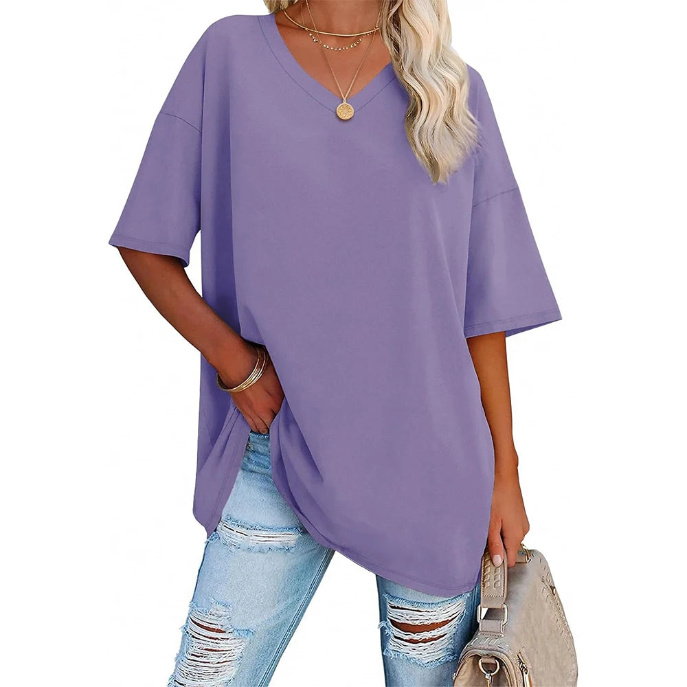 Womens Oversized T Shirts V Neck Tees Half Sleeve Cozy Comfy Tunic 2024 Y2K Tops Casual