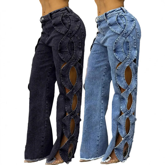 2025 Spring and Summer Personality Side Hollow-out Design Jeans.New Fashion S-line Denim Patchwork Straight Leg Trousers.  S-2X