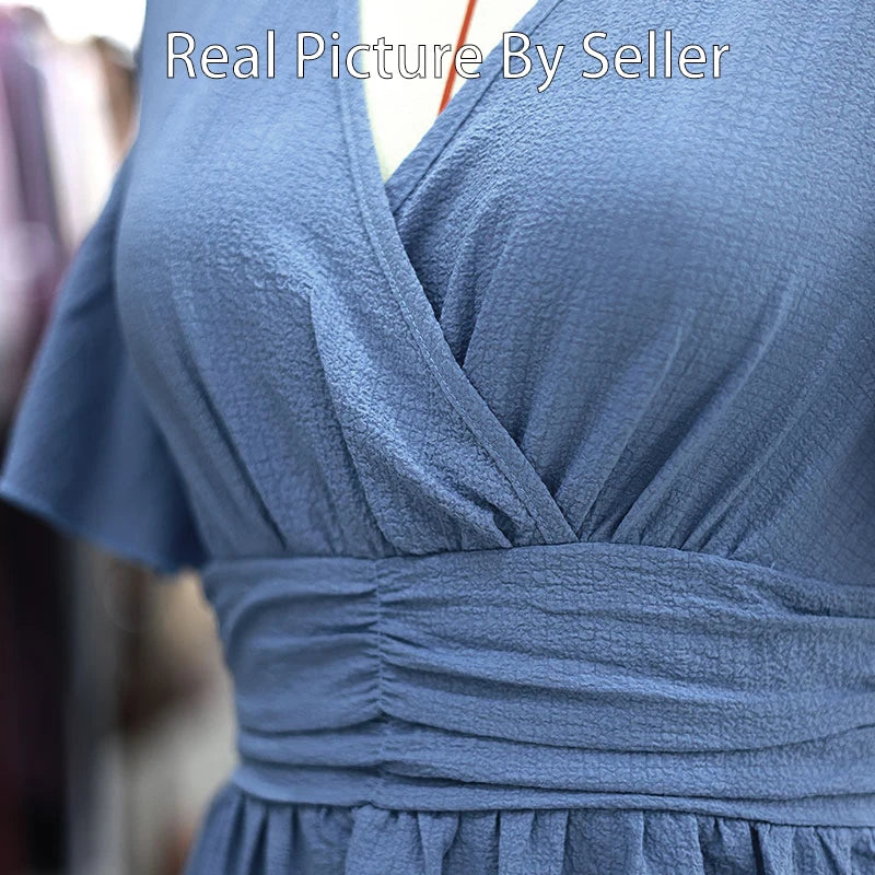 Women Solid Pleated Long Dress V Neck Short Sleeved .