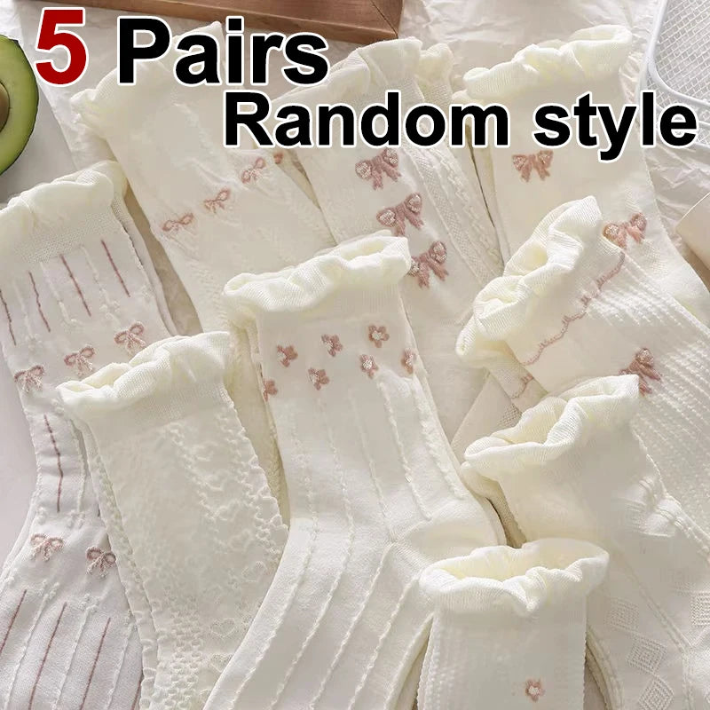 5/10 Pairs Women Lolita Style Mid Tube Socks Fashionable Bow and Small Flower Pattern Spring Summer Cute Sweet Casual Socks