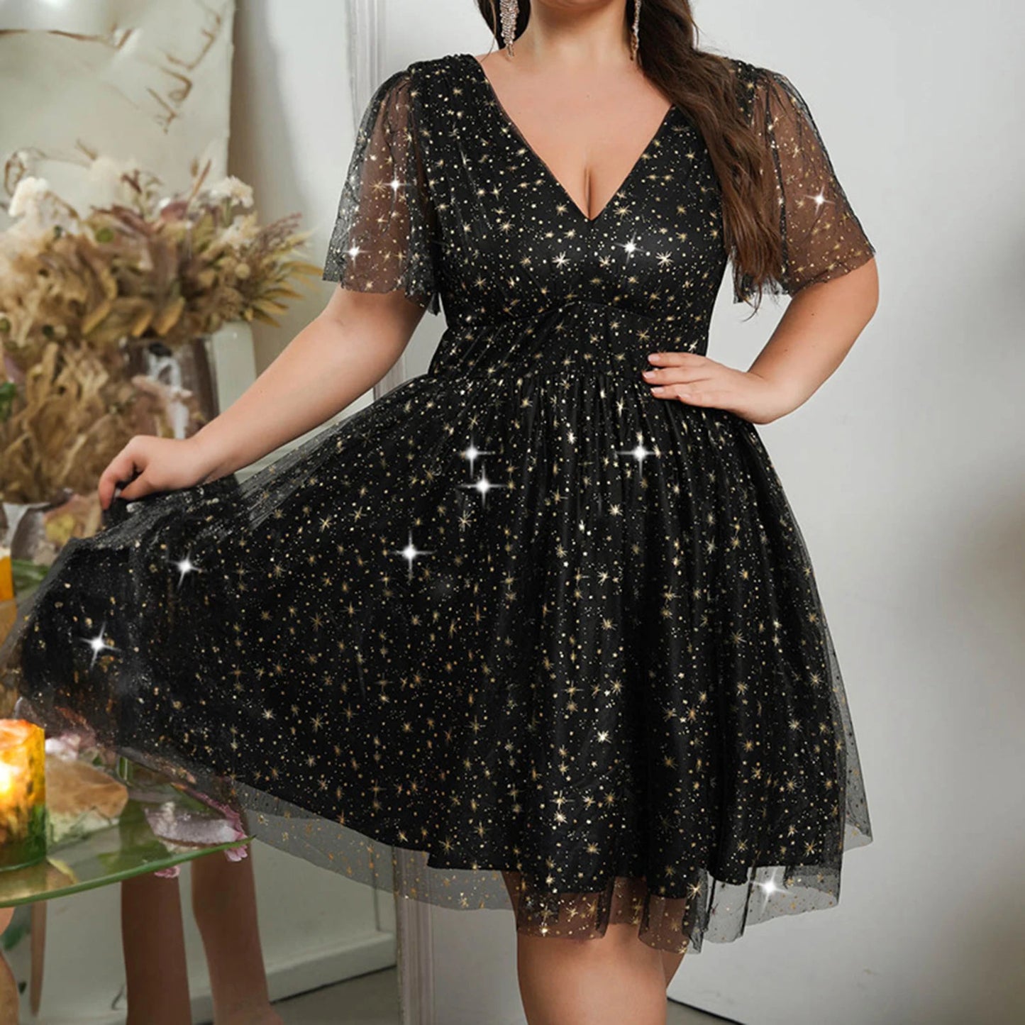 Womens Shiny Stars Mini Dress Sexy Black Sheer Chiffon Short Sleeves Wrapped V Neck Sparkle Glitter Plus Size Dress