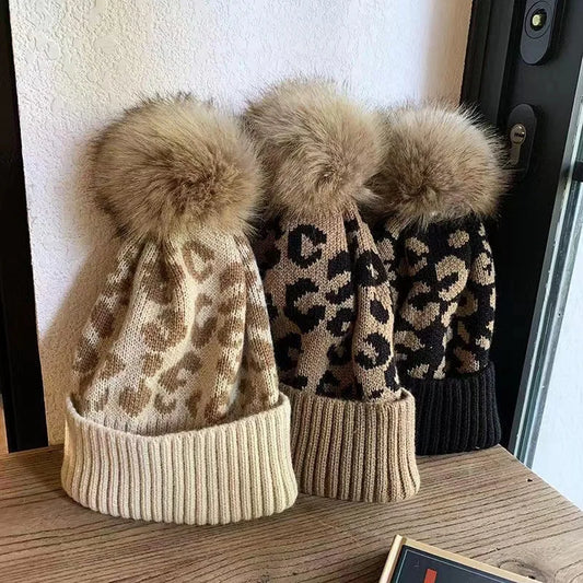 Fashion Hat/Beanie Leopard Print Curly Hem Hairball Knitted women's Outdoor Warm Thick men's Hat.