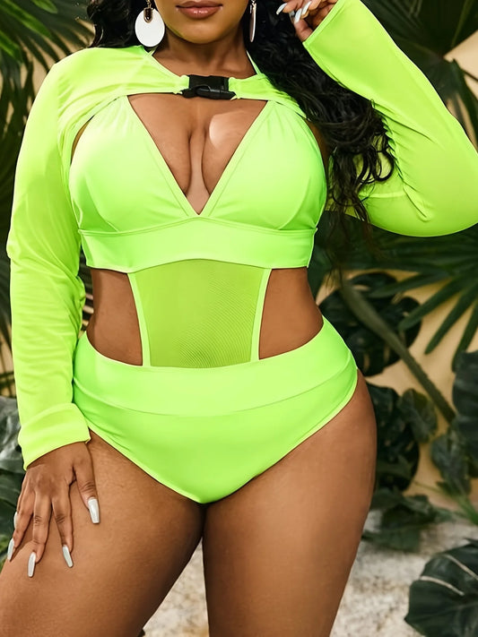 Curvy Flattering Contrast Mesh Solid One Piece Swimsuit With Cover.