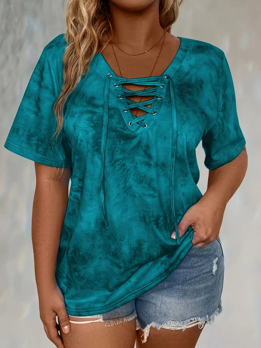 Plus size tie-dye printed short-sleeved T-shirt elegant lace-up design casual style