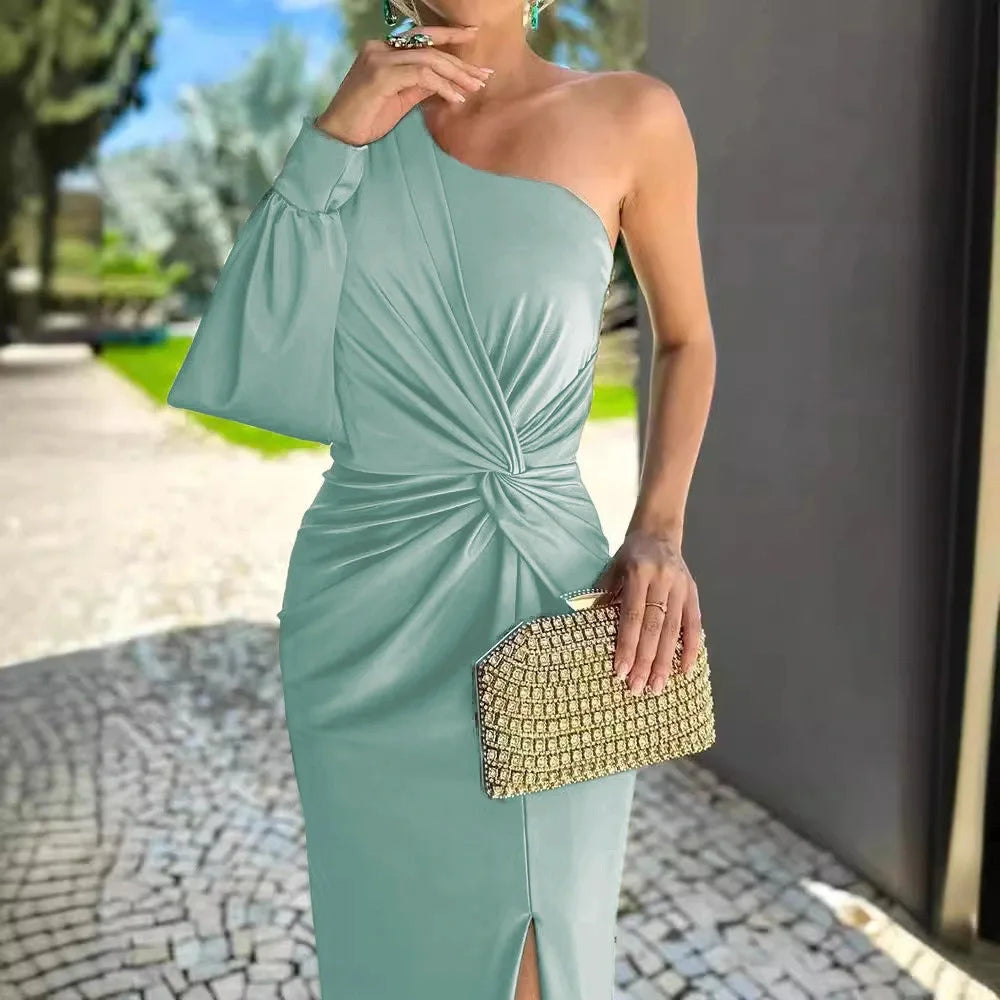 Women's Sexy Party Spring Summer New Skew Collar Fashion Maxi Dress One Shoulder Ladies Dress.  S-3X
