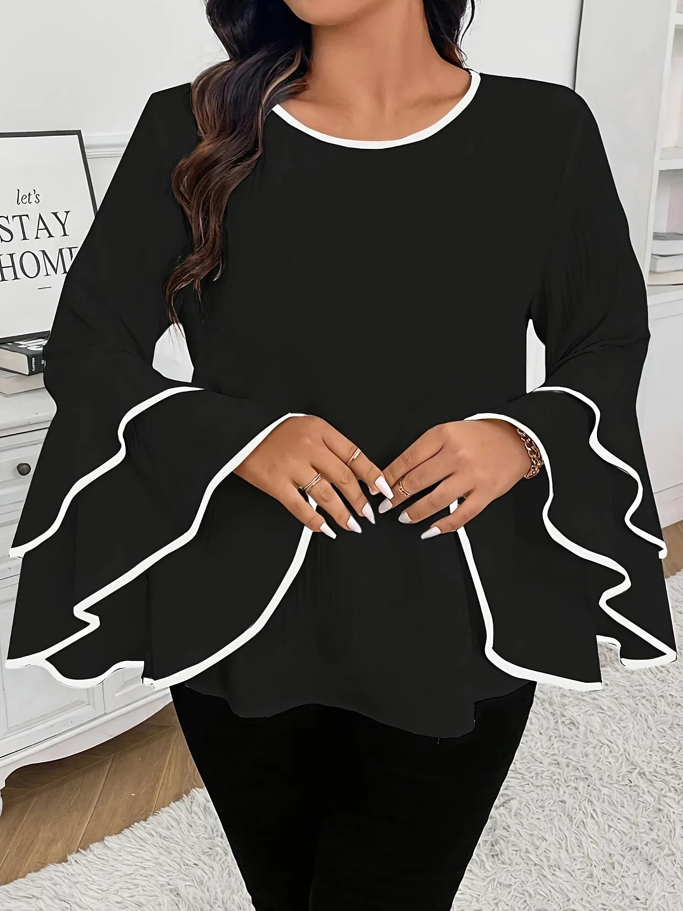 Plus Size New Relaxed Fit Very Flattering Flared Long-sleeved Top
