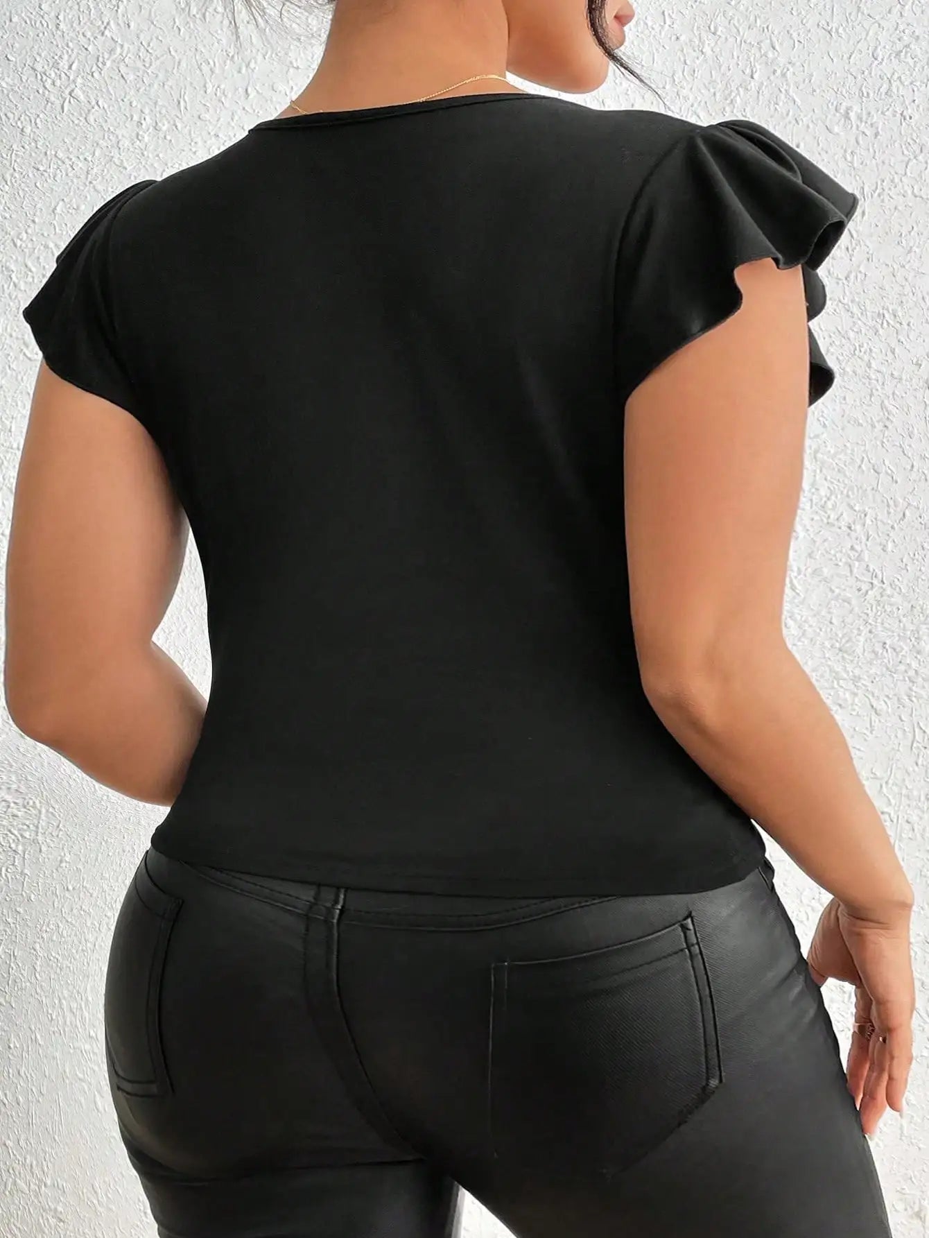 Women Plus Size V-Neck Med Stretch Solid Colour Ruffle Sleeve Shirt,