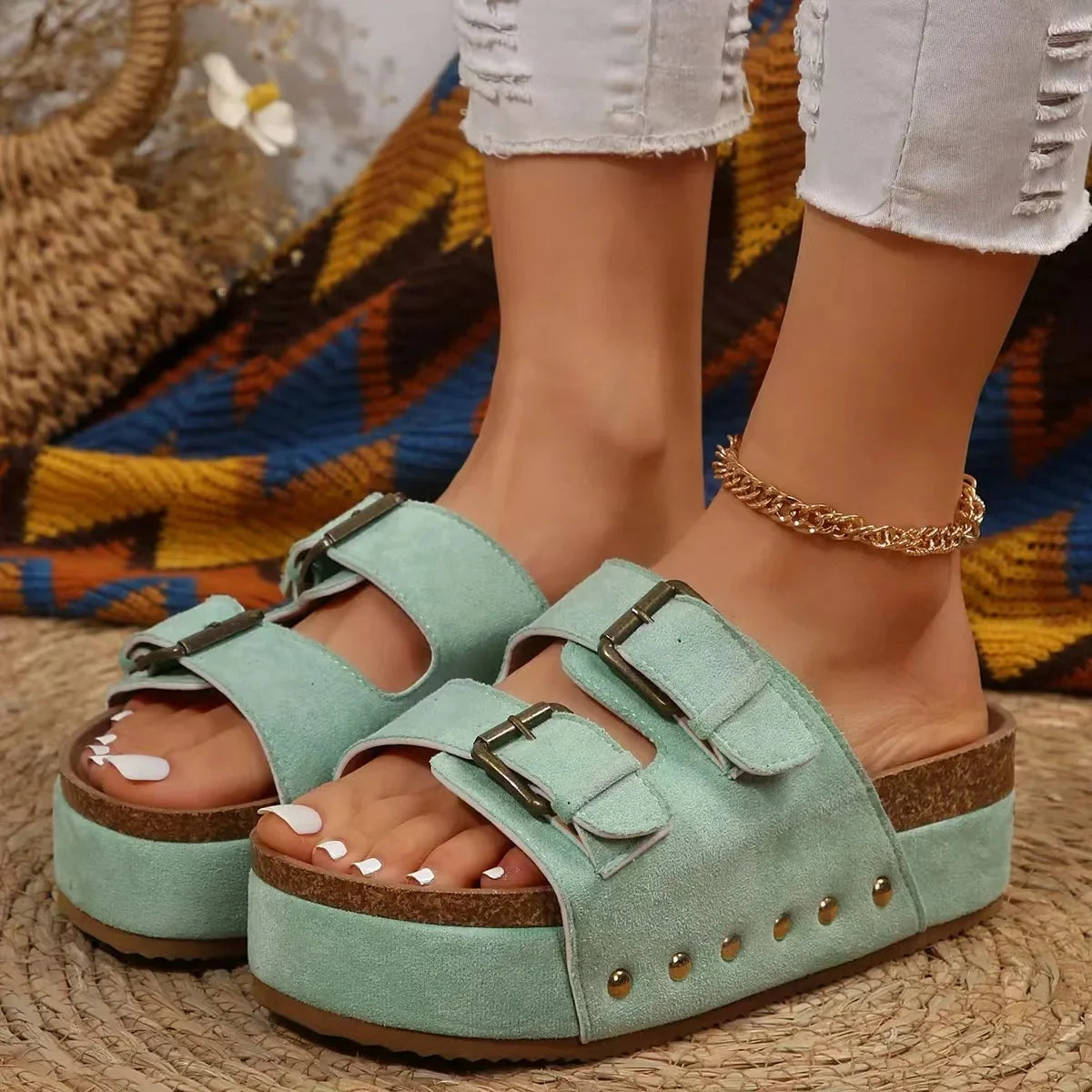 Top Quality Thick Bottom Buckle Cropped Studded Sandals.