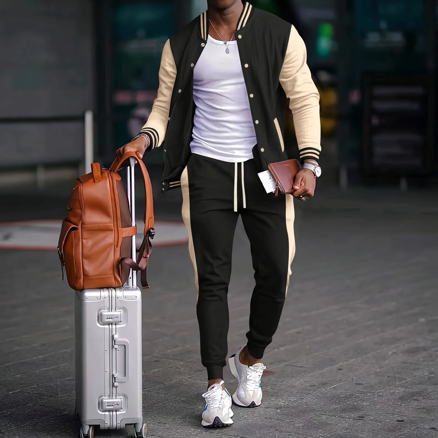 2025 new men's spring and fall baseball  Style two-piece cardigan jacket trouser suit.  Sz: S-3X