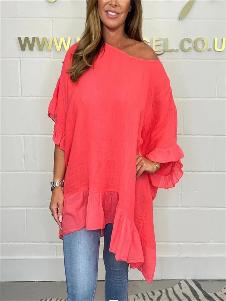 Plus-size women's Blouse ruffled fashion elegant bat sleeve loose solid colour.  L-5X