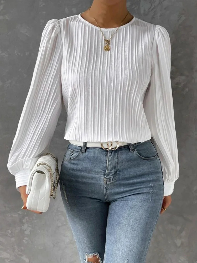 Women's Casual  Solid Round Neck Long Sleeve Blouse .
