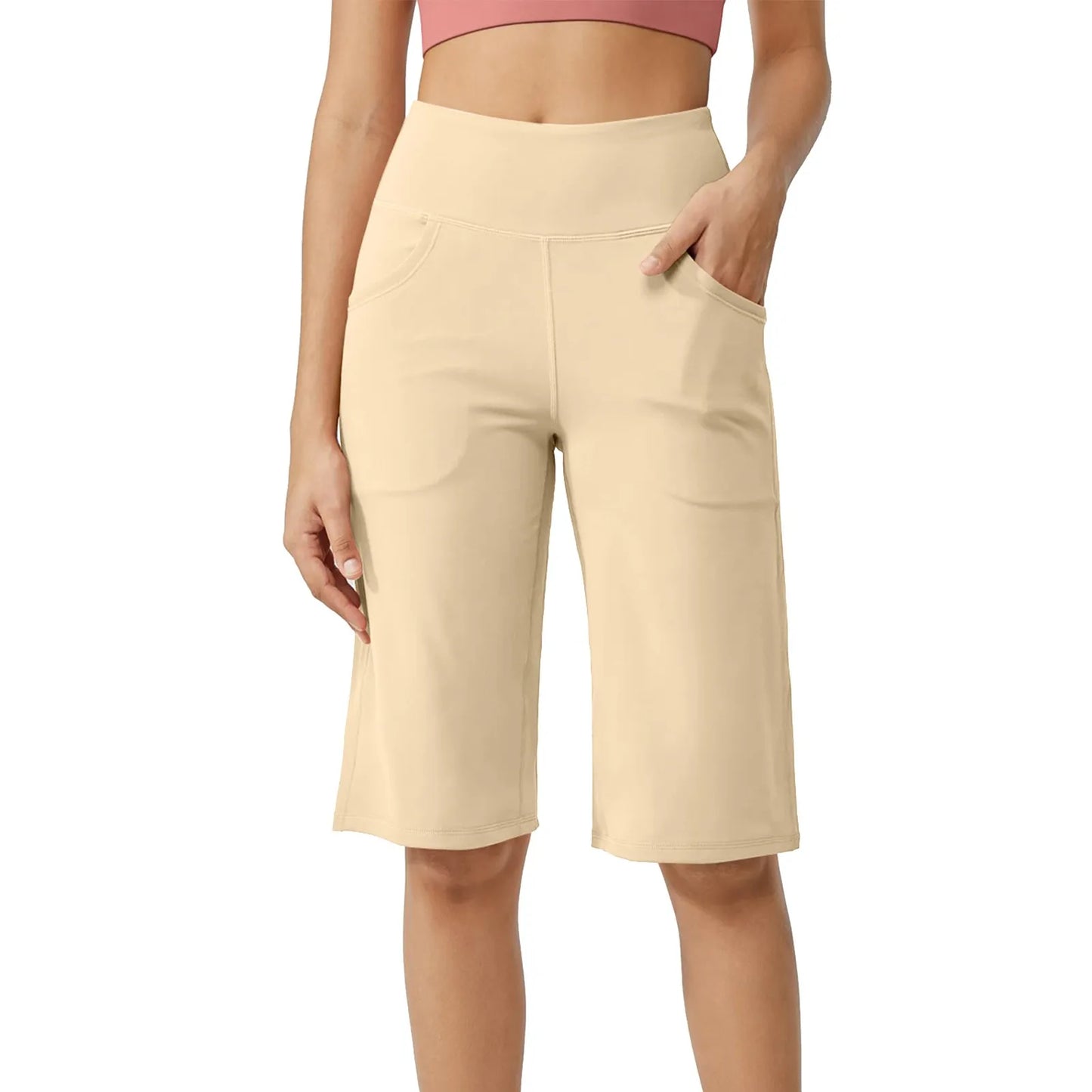 Women Elastic High Waist Casual Active Fit Wide Capri Leg Yoga Knee Length With Pockets.  S-3x